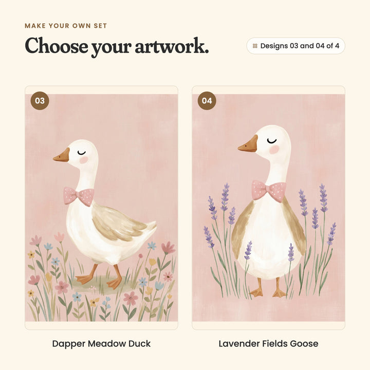 Designs 03 and 04 of 4: Dapper Meadow Duck, a white goose in a pink bow walking through wildflowers, and Lavender Fields Goose, a white goose in a pink bow standing among lavender