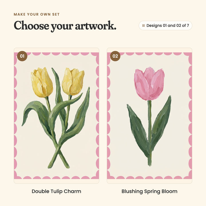 Designs 01 and 02 of 7: Double Tulip Charm, two yellow tulips with crossed stems, and Blushing Spring Bloom, a single pink tulip