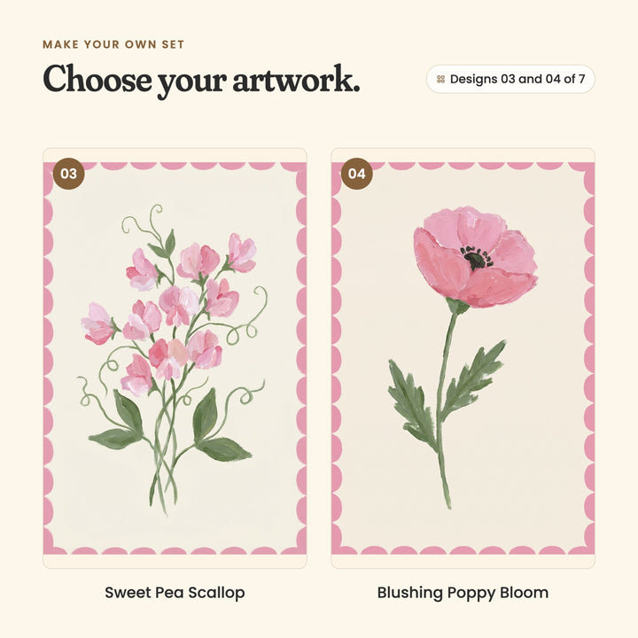 Designs 03 and 04 of 7: Sweet Pea Scallop, a spray of pink sweet peas with curling tendrils, and Blushing Poppy Bloom, a single pink poppy