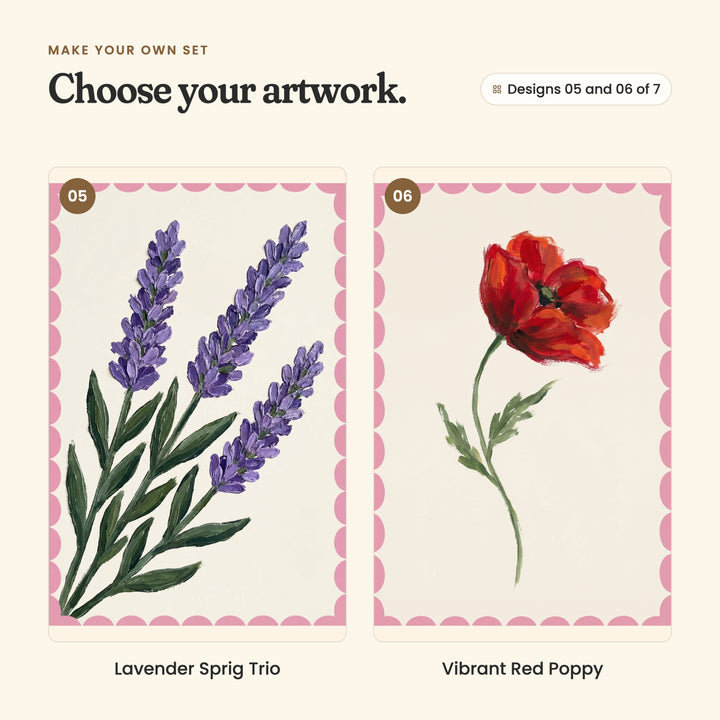 Designs 05 and 06 of 7: Lavender Sprig Trio, three sprigs of purple lavender, and Vibrant Red Poppy, a single red poppy on a long stem