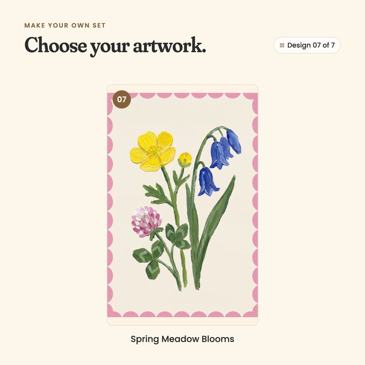 Design 07 of 7: Spring Meadow Blooms, yellow buttercups, blue bluebells and pink clover