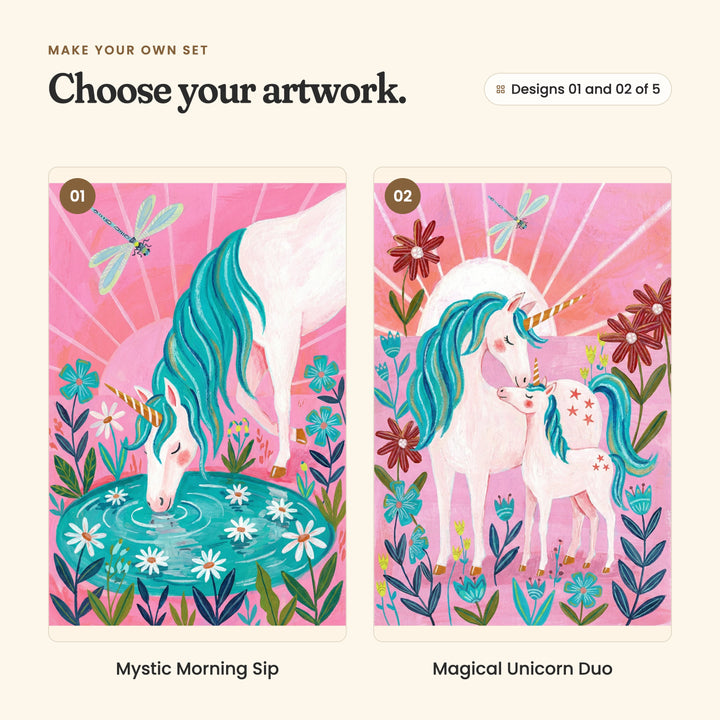 Designs 01 and 02 of 5: Mystic Morning Sip, a unicorn drinking from a teal pond dotted with daisies as a dragonfly hovers, and Magical Unicorn Duo, a unicorn and her foal nuzzling among red and teal flowers