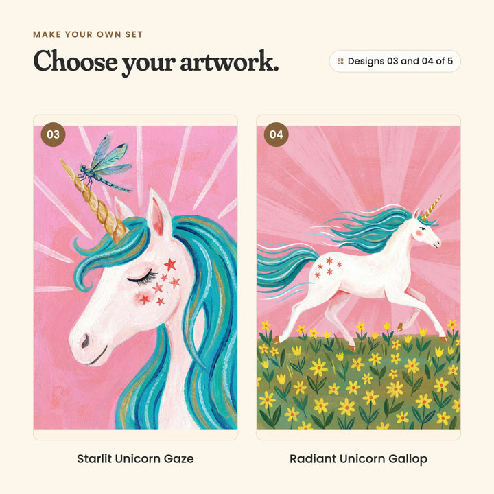 Designs 03 and 04 of 5: Starlit Unicorn Gaze, a close portrait of a unicorn with closed eyes and a dragonfly on its golden horn, and Radiant Unicorn Gallop, a unicorn galloping over a field of yellow flowers