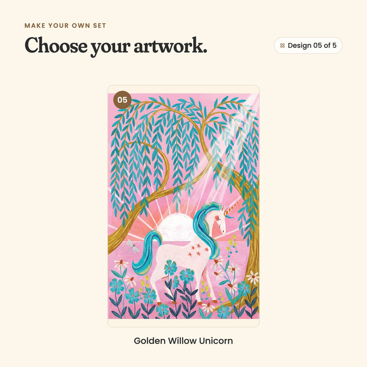 Design 05 of 5: Golden Willow Unicorn, a unicorn under a teal willow tree as the sun rises behind it