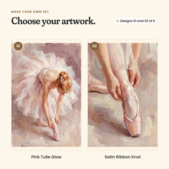 Designs 01 and 02 of 6: Pink Tulle Glow, a ballerina in a pale pink tutu bending low to fix her pointe shoe, and Satin Ribbon Knot, a close view of hands tying the satin ribbon of a pink pointe shoe