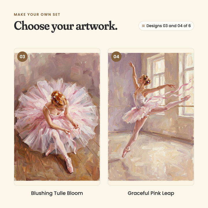 Designs 03 and 04 of 6: Blushing Tulle Bloom, a ballerina sitting on a wooden floor with her pink tutu spread around her, and Graceful Pink Leap, a ballerina on her toes in an arabesque by a sunlit window, arms raised