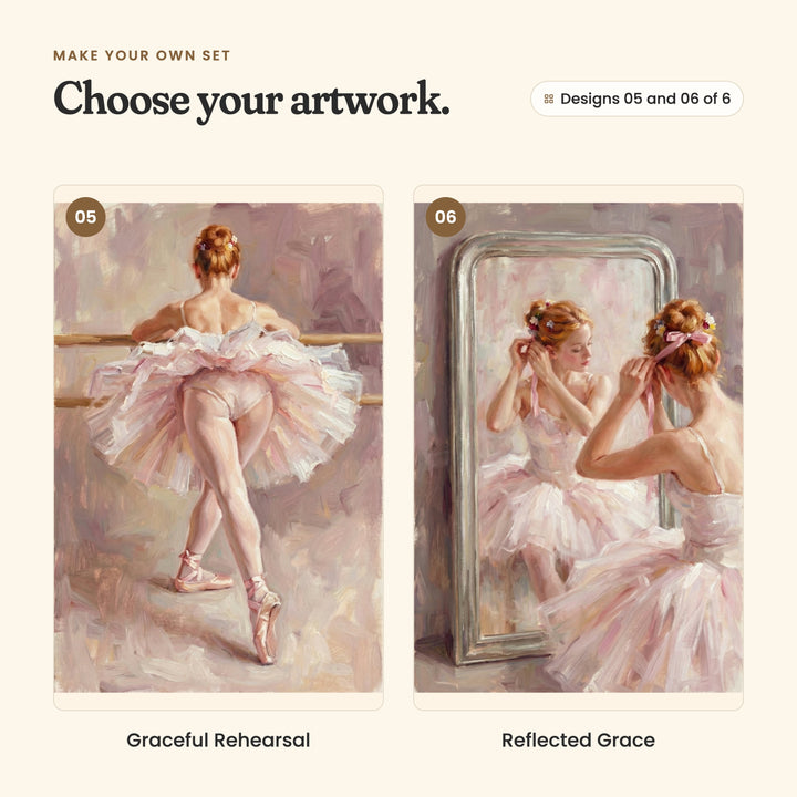 Designs 05 and 06 of 6: Graceful Rehearsal, a ballerina seen from behind on her toes at the barre, and Reflected Grace, a ballerina tying a pink ribbon in her hair beside her reflection in a tall mirror