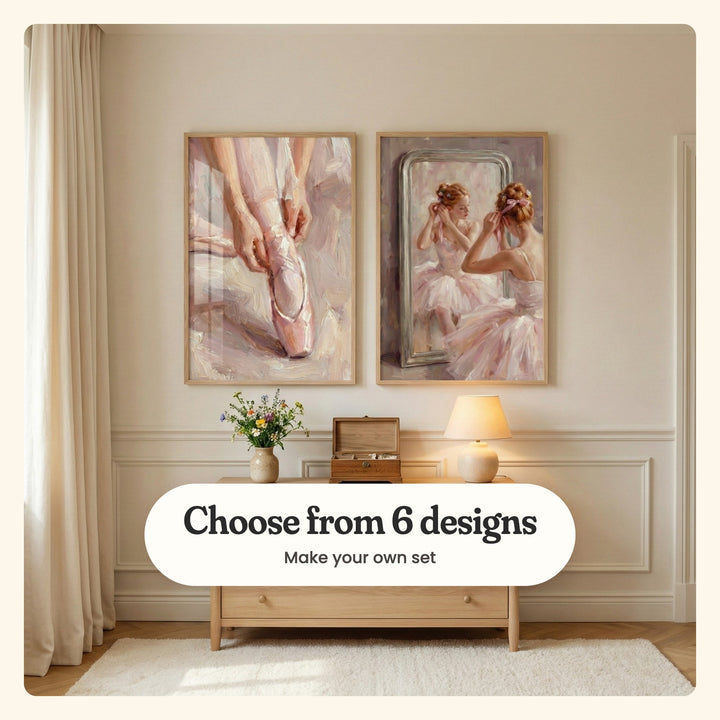 Cream panelled room with two ballerina prints in light wood frames above a light wood dresser with a vase of wildflowers, a wooden music box and a table lamp, beside linen curtains: Satin Ribbon Knot and Reflected Grace, labeled Choose from 6 designs, Make your own set