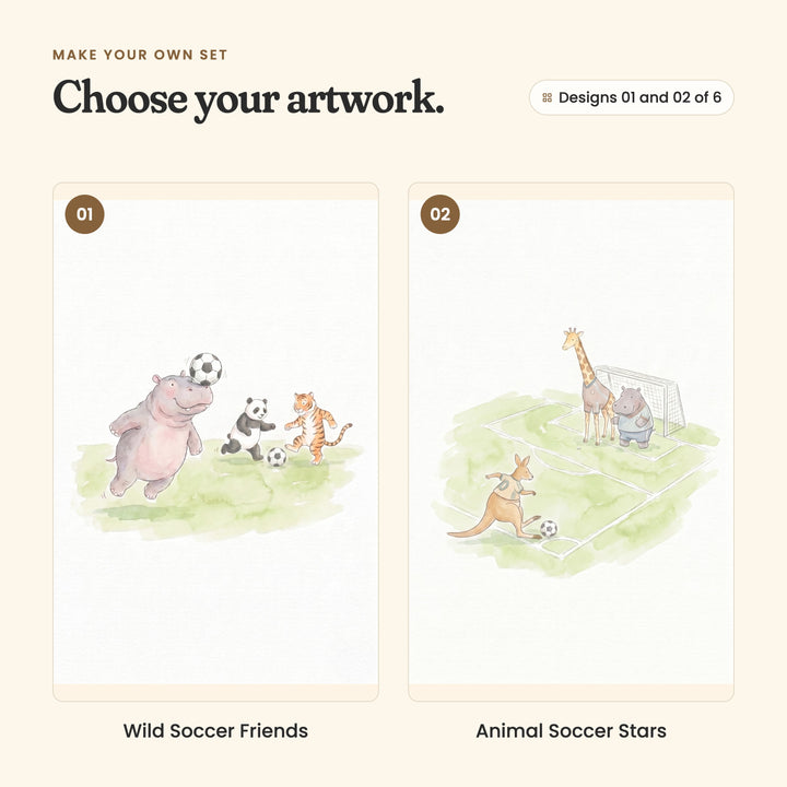 Designs 01 and 02 of 6: Wild Soccer Friends, a hippo heading the ball as a panda and a tiger give chase, and Animal Soccer Stars, a kangaroo kicking toward a goal guarded by a giraffe and a hippo