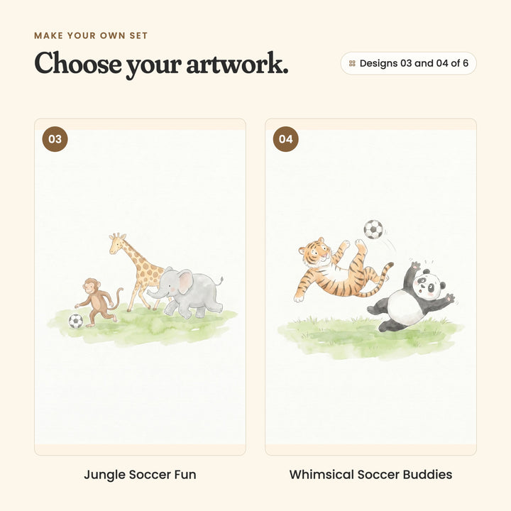 Designs 03 and 04 of 6: Jungle Soccer Fun, a monkey dribbling ahead of a giraffe and an elephant, and Whimsical Soccer Buddies, a tiger in a bicycle kick over a tumbling panda
