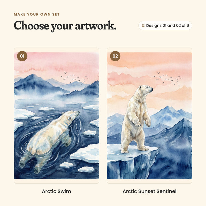 Designs 01 and 02 of 6: Arctic Swim, a polar bear swimming between ice floes, and Arctic Sunset Sentinel, a polar bear standing up tall on an icy cliff edge