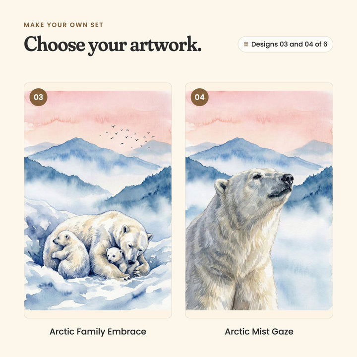 Designs 03 and 04 of 6: Arctic Family Embrace, a mother polar bear curled up in the snow with her two cubs, and Arctic Mist Gaze, a close view of a polar bear lifting its nose to the misty mountains