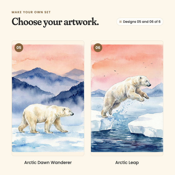 Designs 05 and 06 of 6: Arctic Dawn Wanderer, a polar bear walking across the snowy ice, and Arctic Leap, a polar bear leaping from one ice floe to the next