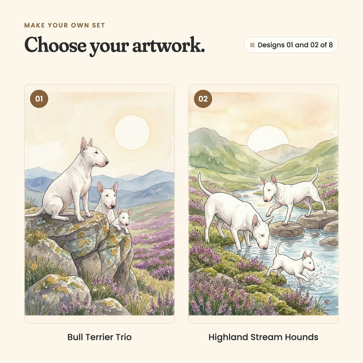Designs 01 and 02 of 8: Bull Terrier Trio, three bull terriers sitting on a mossy rock above blue hills, and Highland Stream Hounds, one bull terrier crossing a stream on stepping stones, another drinking, and a puppy splashing in the shallows in front