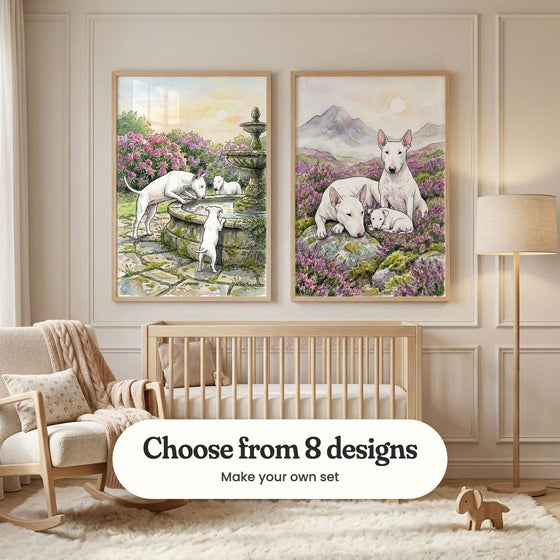 Cream panelled nursery with two bull terrier prints in light wood frames above a light wood crib, beside a rocking chair, a floor lamp and a wooden toy elephant: Garden Fountain Friends and Highland Hound Family, with a label reading Choose from 8 designs, Make your own set