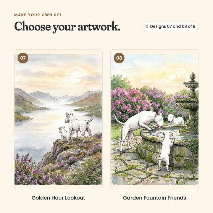 Designs 07 and 08 of 8: Golden Hour Lookout, a bull terrier and a puppy on a cliff above a misty lake, and Garden Fountain Friends, bull terriers drinking at a stone garden fountain, a puppy reaching up the side