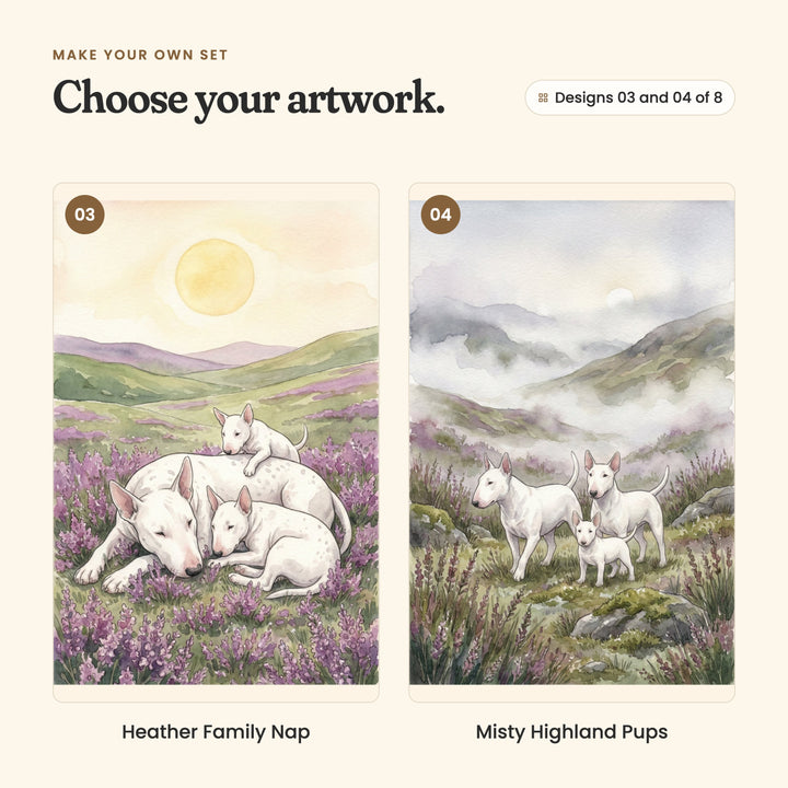 Designs 03 and 04 of 8: Heather Family Nap, a bull terrier family napping in the heather, with a puppy on top, and Misty Highland Pups, a bull terrier family standing in the heather below misty hills