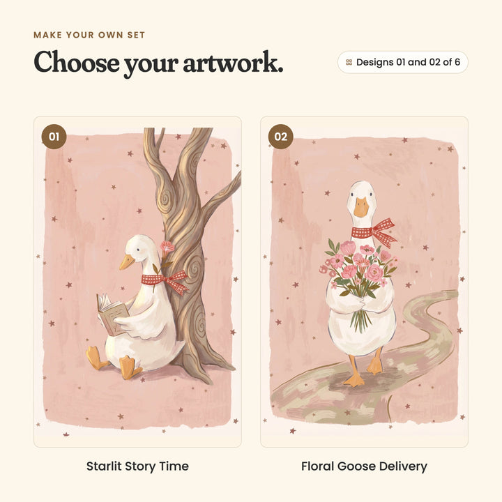 Designs 01 and 02 of 6: Starlit Story Time, a goose reading a little book against a tree trunk, and Floral Goose Delivery, a goose carrying a bouquet down a winding path