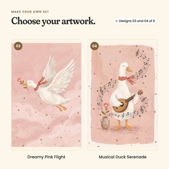 Designs 03 and 04 of 6: Dreamy Pink Flight, a goose flying through pink clouds with a flower in its beak, and Musical Duck Serenade, a goose playing a mandolin-style instrument beside music notes and a jug of flowers