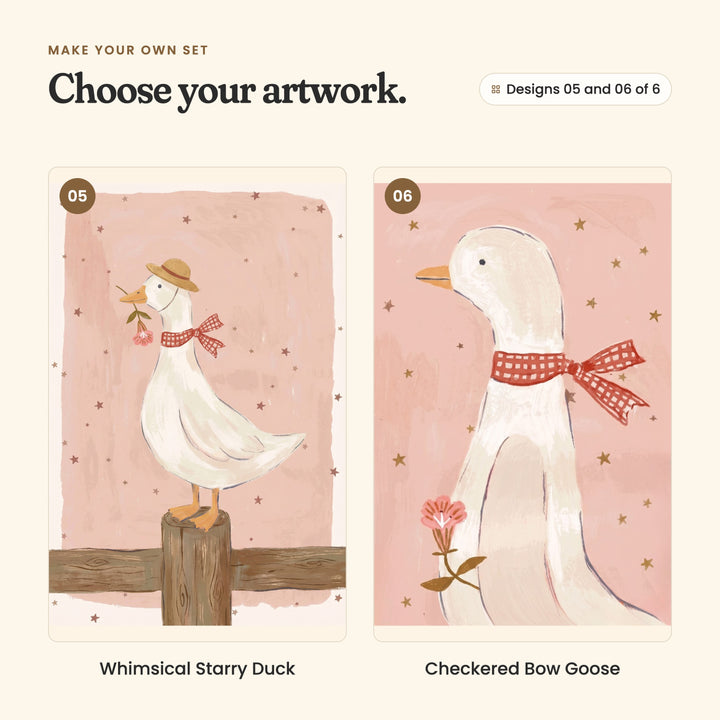 Designs 05 and 06 of 6: Whimsical Starry Duck, a goose in a straw hat perched on a fence post with a flower in its beak, and Checkered Bow Goose, a close-up goose with a red gingham bow and a pink flower