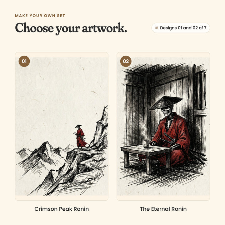 Designs 01 and 02 of 7: Crimson Peak Ronin, a tiny samurai on a cliff above jagged mountain peaks, and The Eternal Ronin, a skeleton samurai seated at a low table with steaming tea