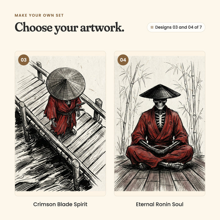 Designs 03 and 04 of 7: Crimson Blade Spirit, a samurai seen from above on a wooden pier over dark water, and Eternal Ronin Soul, a skeleton samurai sitting cross-legged among bamboo