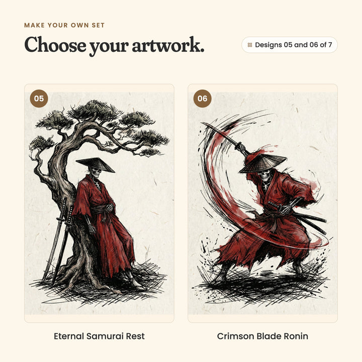 Designs 05 and 06 of 7: Eternal Samurai Rest, a skeleton samurai leaning on a twisted pine with his swords, and Crimson Blade Ronin, a samurai mid-swing with a red sword arc