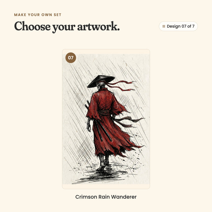 Design 07 of 7: Crimson Rain Wanderer, a skeleton samurai in a red robe walking away through slanting rain, red ties streaming from his hat