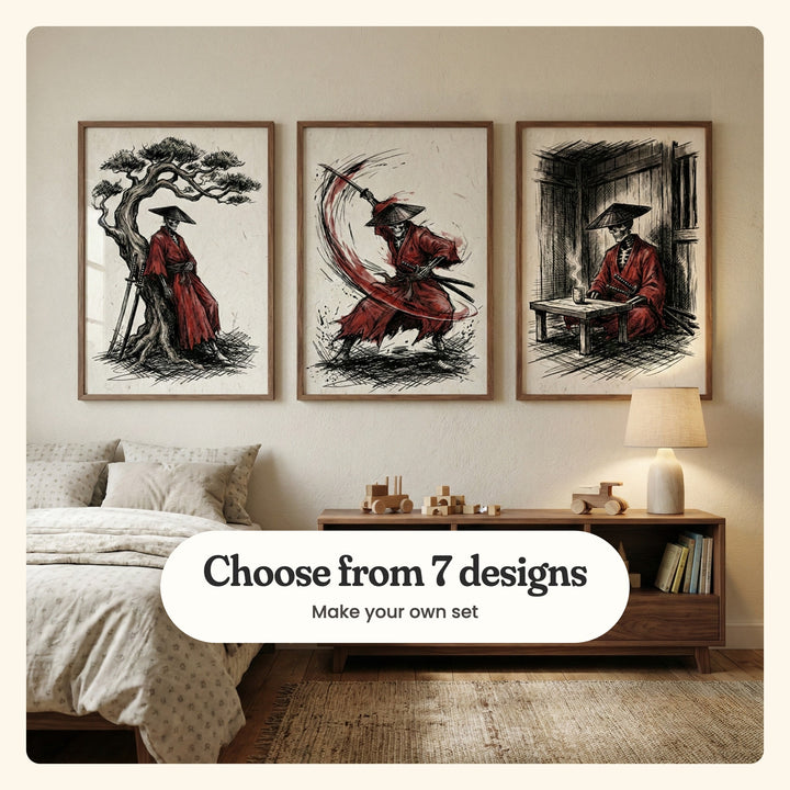 Three samurai prints in walnut frames above a low walnut shelf with wooden toys, books and a lamp, beside a bed, labeled Choose from 7 designs, Make your own set