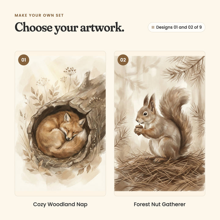 Designs 01 and 02 of 9: Cozy Woodland Nap, a fox curled up asleep in a hollow log, and Forest Nut Gatherer, a squirrel holding an acorn on a bed of pine needles