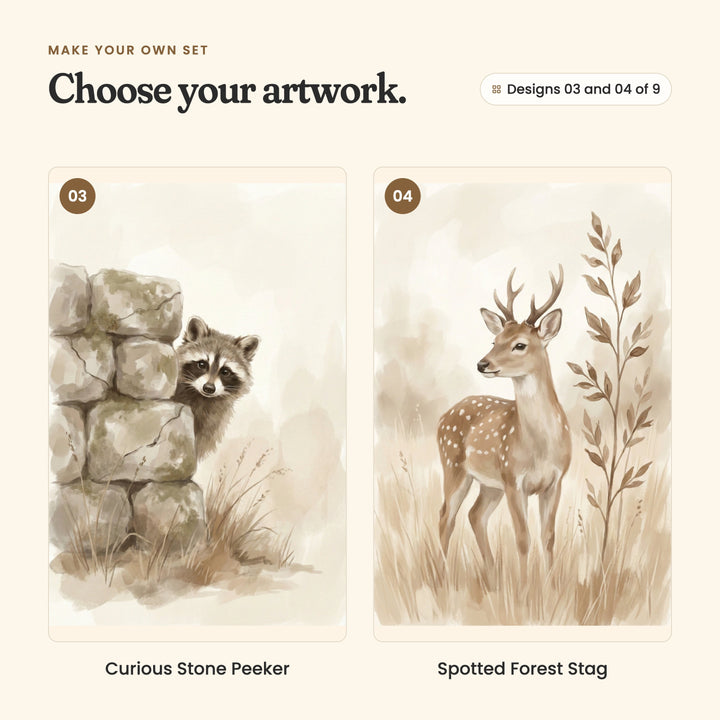 Designs 03 and 04 of 9: Curious Stone Peeker, a raccoon peeking around a mossy stone wall, and Spotted Forest Stag, a spotted young stag in tall grass beside a leafy stem