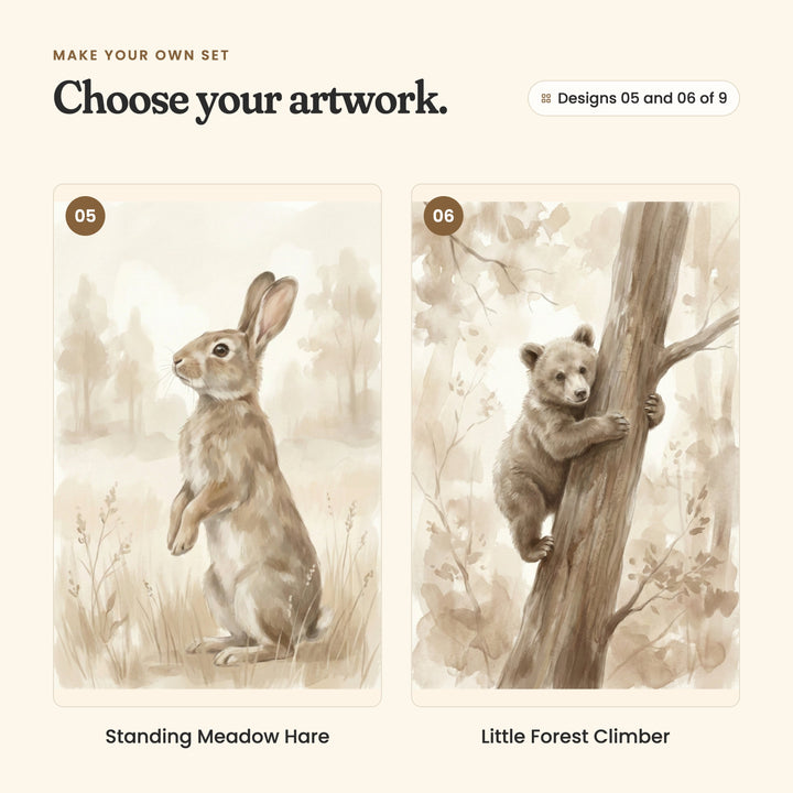 Designs 05 and 06 of 9: Standing Meadow Hare, a hare sitting up tall in the grass, and Little Forest Climber, a bear cub climbing a tree trunk