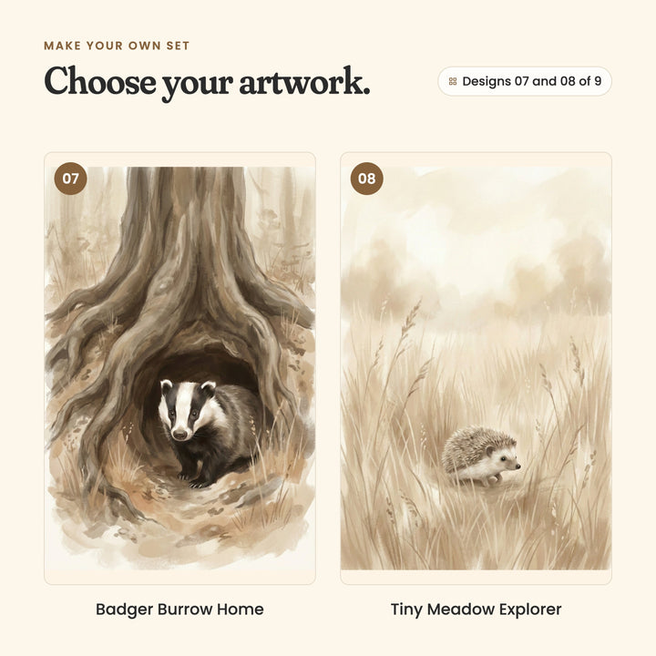 Designs 07 and 08 of 9: Badger Burrow Home, a badger in its burrow under the tree roots, and Tiny Meadow Explorer, a hedgehog in tall grass