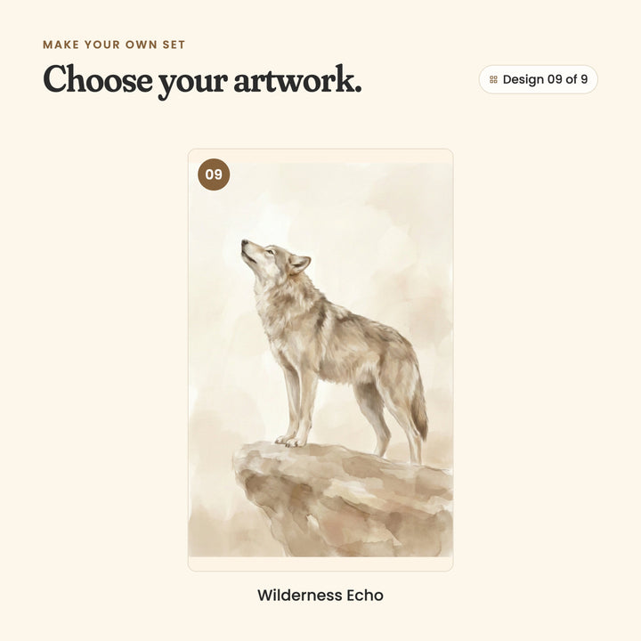 Design 09 of 9: Wilderness Echo, a wolf on a rock ledge looking up