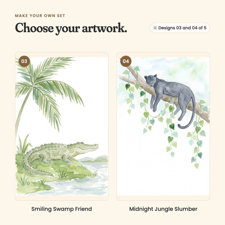 Designs 03 and 04 of 5: Smiling Swamp Friend, a smiling green crocodile resting on a grassy riverbank under a palm tree, and Midnight Jungle Slumber, a black panther lounging on a branch hung with heart shaped leaves