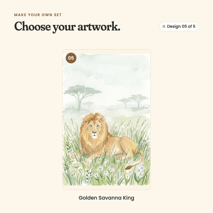Design 05 of 5: Golden Savanna King, a lion lying in long grass and wildflowers, with misty trees behind