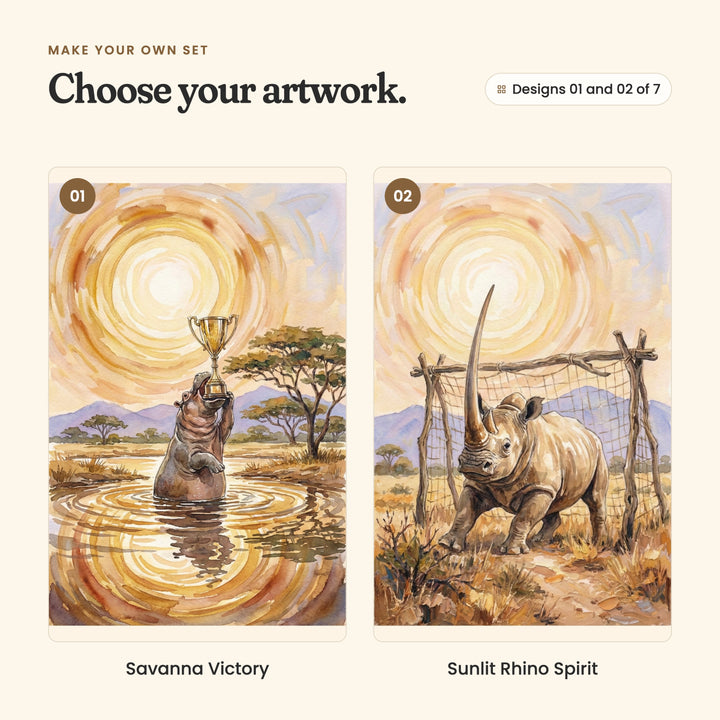 Designs 01 and 02 of 7: Savanna Victory, a hippo in a water hole holding up a gold trophy, and Sunlit Rhino Spirit, a rhino in front of a soccer goal made of branches