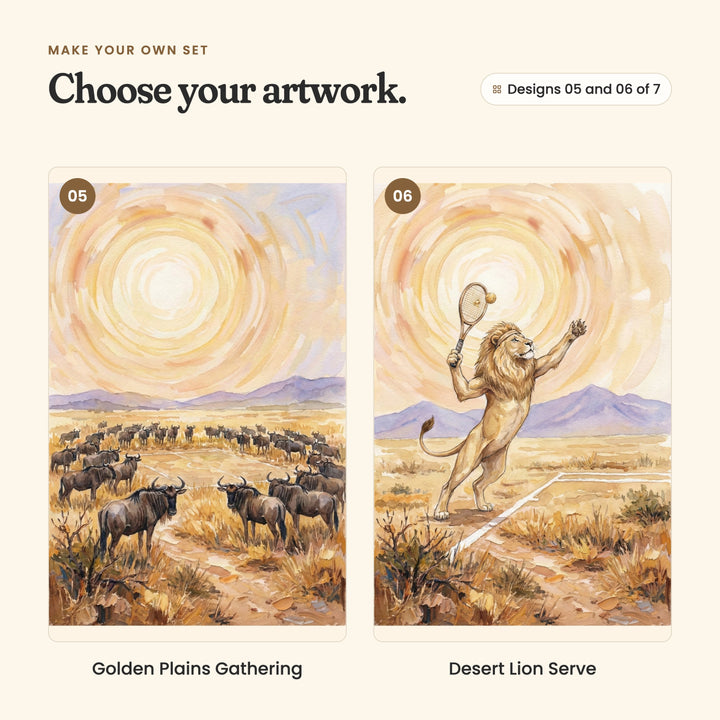Designs 05 and 06 of 7: Golden Plains Gathering, a herd of wildebeest gathered on the golden plains, and Desert Lion Serve, a lion standing on its back legs to serve a tennis ball
