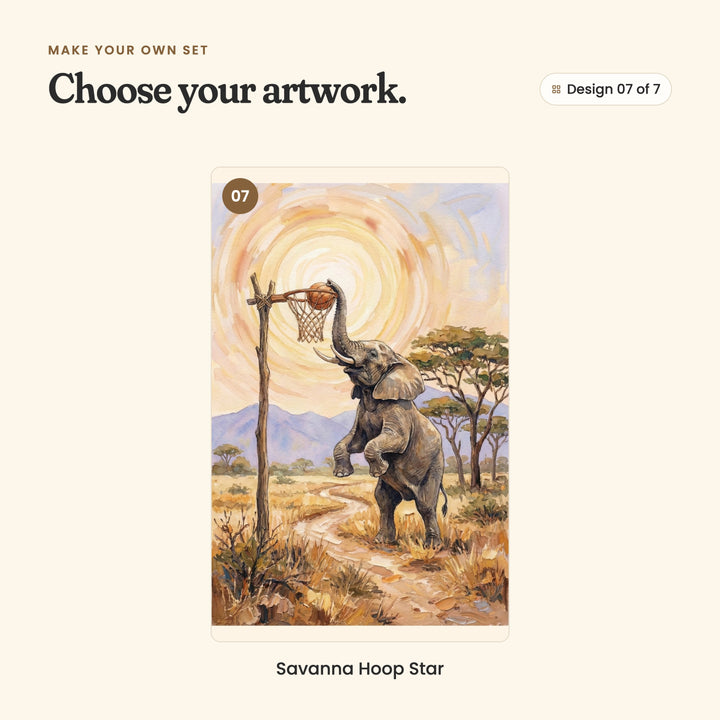 Design 07 of 7: Savanna Hoop Star, an elephant dunking a basketball into a hoop with its trunk