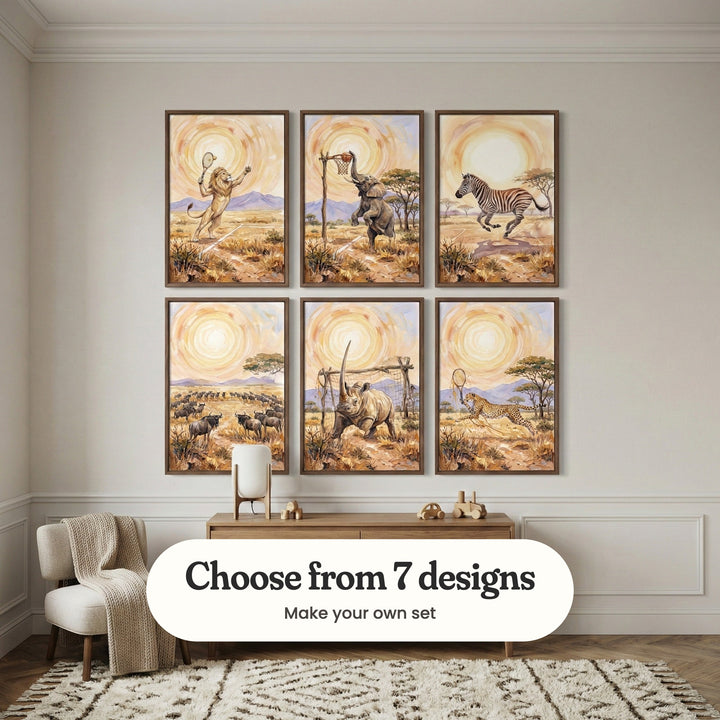 Cream panelled room with six safari sports prints in dark wood frames in two rows above a light wood dresser with a small white lamp and wooden toys, beside a cream armchair with a knit throw and a patterned rug: Desert Lion Serve, Savanna Hoop Star, Savanna Sun Gallop, Golden Plains Gathering, Sunlit Rhino Spirit and Savanna Tennis Sprint, with a label reading Choose from 7 designs, Make your own set