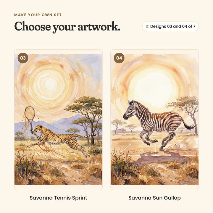 Designs 03 and 04 of 7: Savanna Tennis Sprint, a cheetah racing across the grass with a tennis racket, and Savanna Sun Gallop, a zebra galloping across a white track line