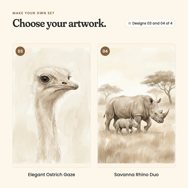 Designs 03 and 04 of 4: Elegant Ostrich Gaze, a close view of an ostrich's head and long neck, and Savanna Rhino Duo, a rhino and its calf walking through tall grass under acacia trees