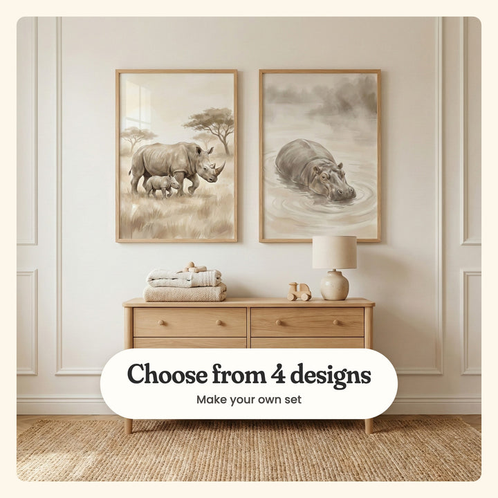 Cream panelled room with two animal prints in light wood frames above a light wood dresser with folded blankets, a toy car and a small lamp, on a woven rug: Savanna Rhino Duo and Gentle River Giant, labeled Choose from 4 designs, Make your own set