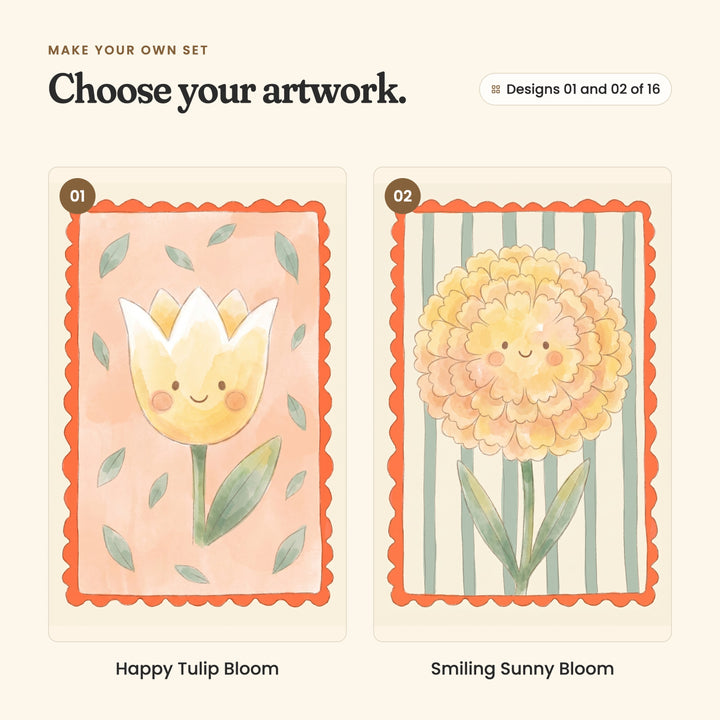 Designs 01 and 02 of 16: Happy Tulip Bloom, a smiling yellow tulip with white petal tips on peach, and Smiling Sunny Bloom, a smiling orange and yellow marigold on cream and sage stripes