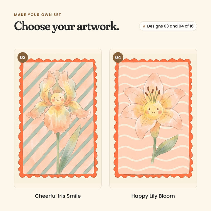 Designs 03 and 04 of 16: Cheerful Iris Smile, a smiling peach and yellow iris on peach with sage stripes, and Happy Lily Bloom, a smiling peach lily on peach with cream wavy lines