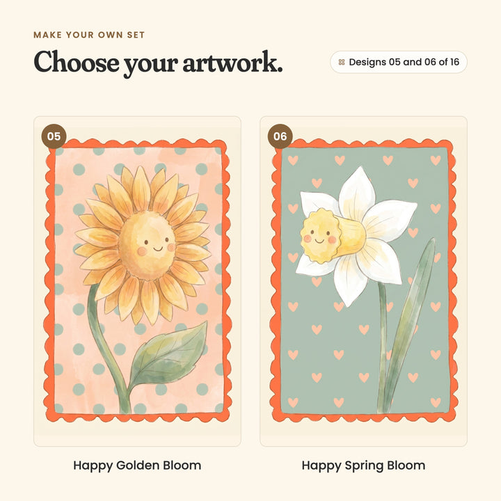 Designs 05 and 06 of 16: Happy Golden Bloom, a smiling sunflower on peach with sage polka dots, and Happy Spring Bloom, a white daffodil with a smiling yellow center on sage with peach hearts