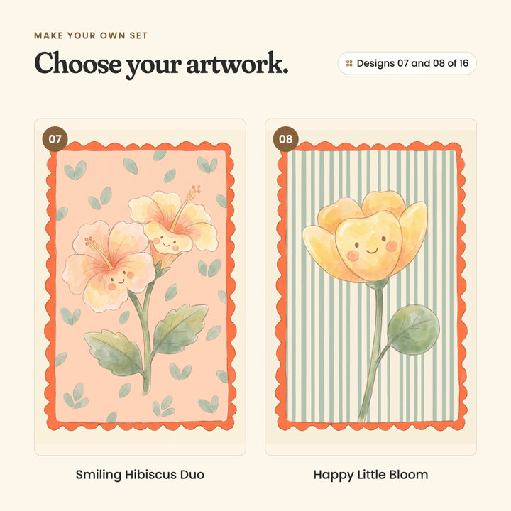 Designs 07 and 08 of 16: Smiling Hibiscus Duo, two smiling peach and yellow hibiscus flowers on peach, and Happy Little Bloom, a smiling yellow buttercup on thin sage and cream stripes