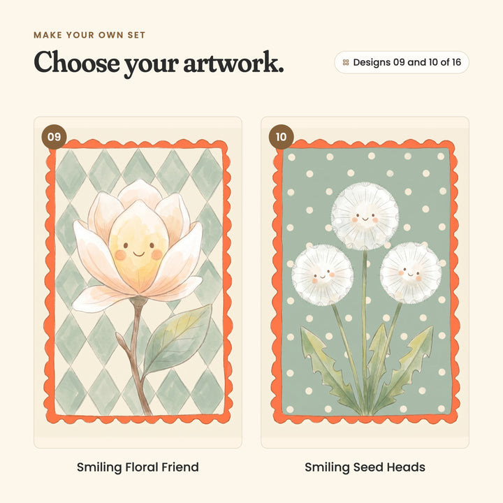 Designs 09 and 10 of 16: Smiling Floral Friend, a smiling peach magnolia on sage diamonds, and Smiling Seed Heads, three smiling dandelion puffs on sage polka dots