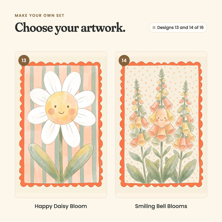 Designs 13 and 14 of 16: Happy Daisy Bloom, a smiling white daisy on peach and sage stripes, and Smiling Bell Blooms, three stems of peach and yellow foxgloves with one smiling bell