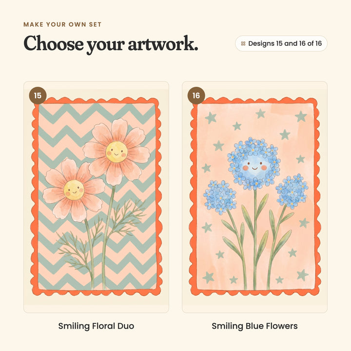 Designs 15 and 16 of 16: Smiling Floral Duo, two smiling peach cosmos flowers on peach and sage zigzags, and Smiling Blue Flowers, three round clusters of little blue flowers, one smiling, on peach with sage stars